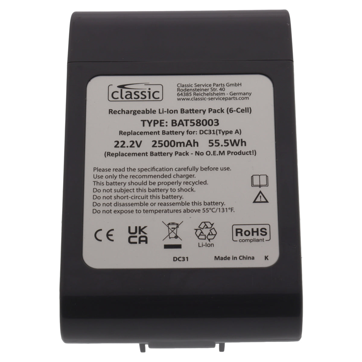 Batteria 22.2V 2500mAh 55.5Wh tipo A scopa aspirapolvere per Dyson DC31 DC34 DC43H DC44 DC45